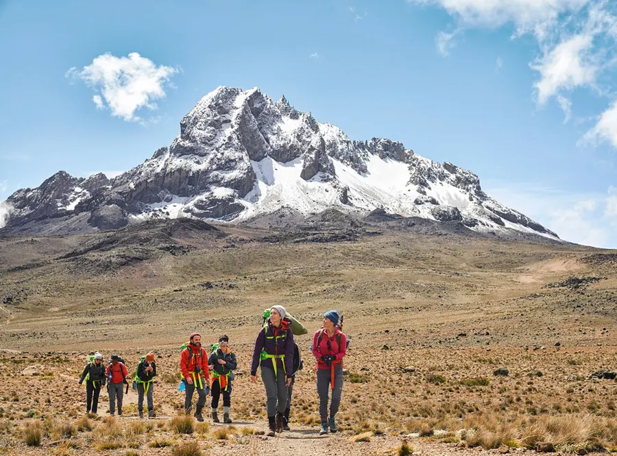 Mount Kenya's rugged peak beneath a bright sky
