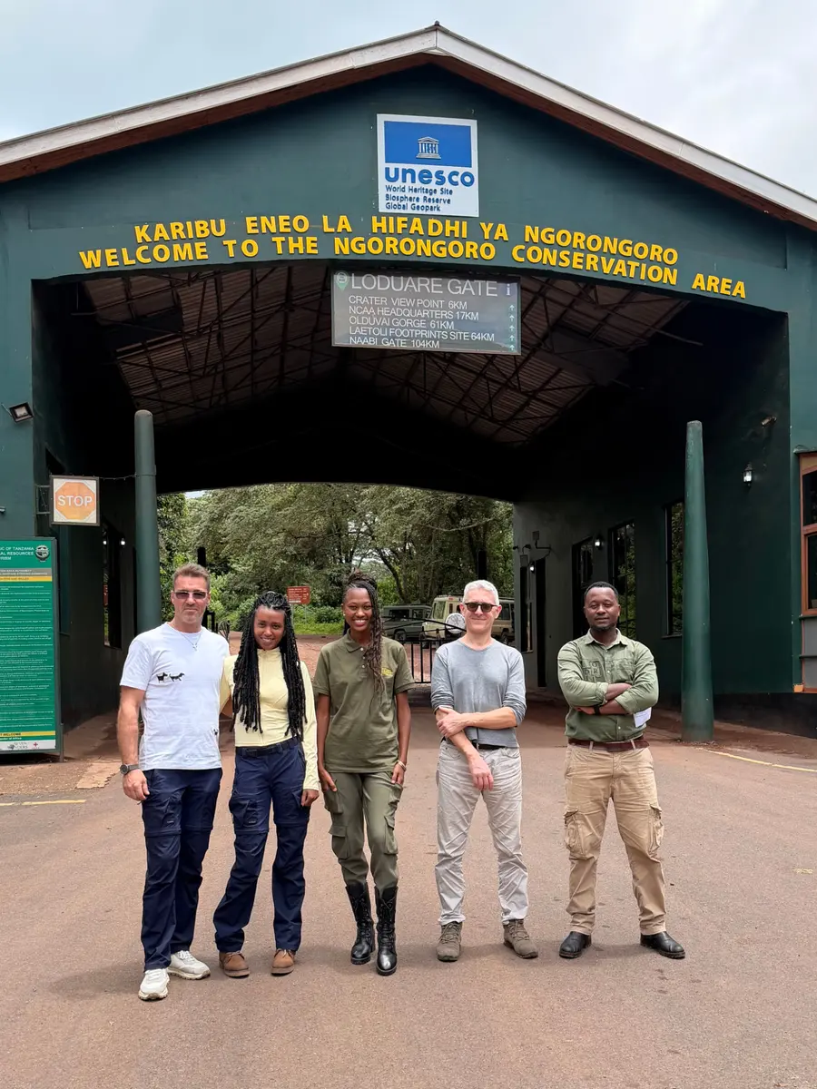 Noreen with guests at a viewpoint above the Ngorongoro Crater